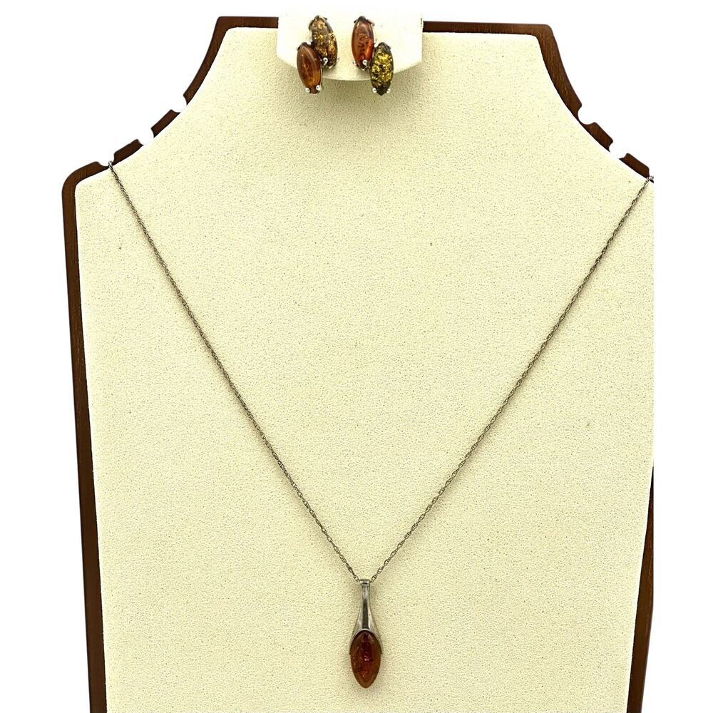 VTG Baltic Amber In Sterling Silver Earrings and Droplet Necklace Pendant Set